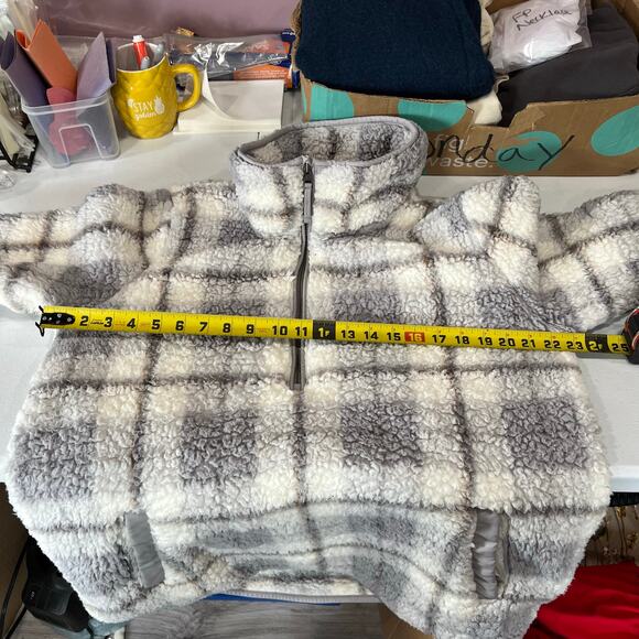 Abercombie Soft A&F Gray Plaid Sherpa Quarter Zip Pullover XL Cozy Cabincore - Picture 7 of 7